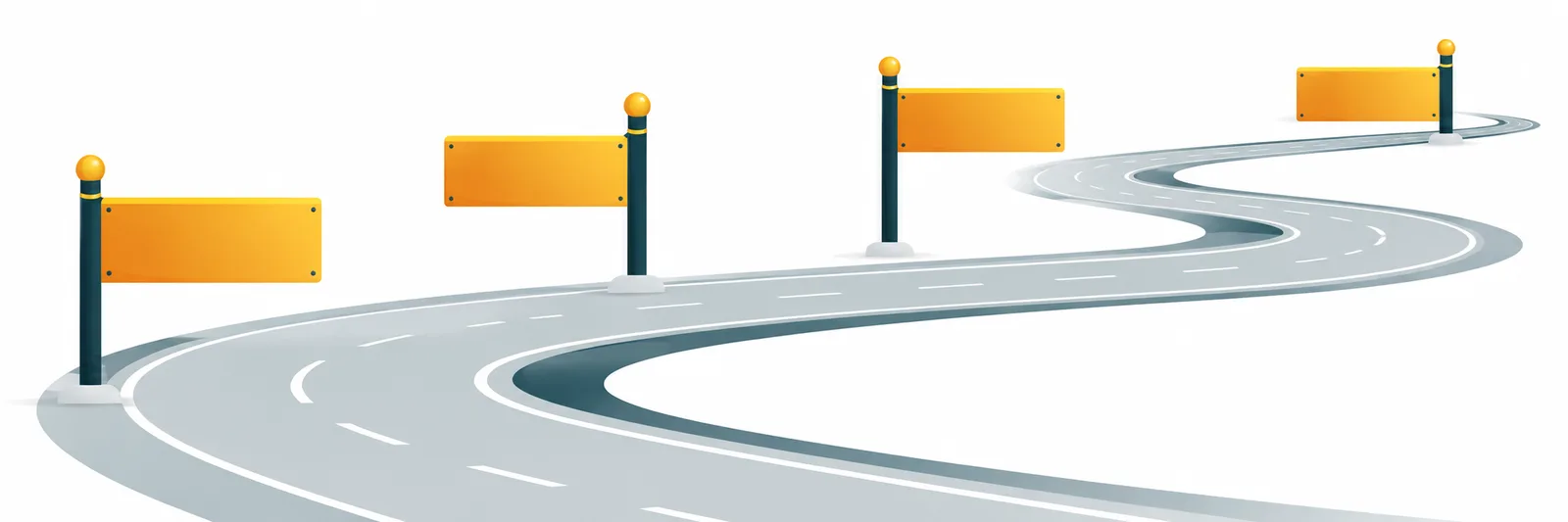 A winding road with four unlabelled milestone signs, illustrating a journey we plan together.