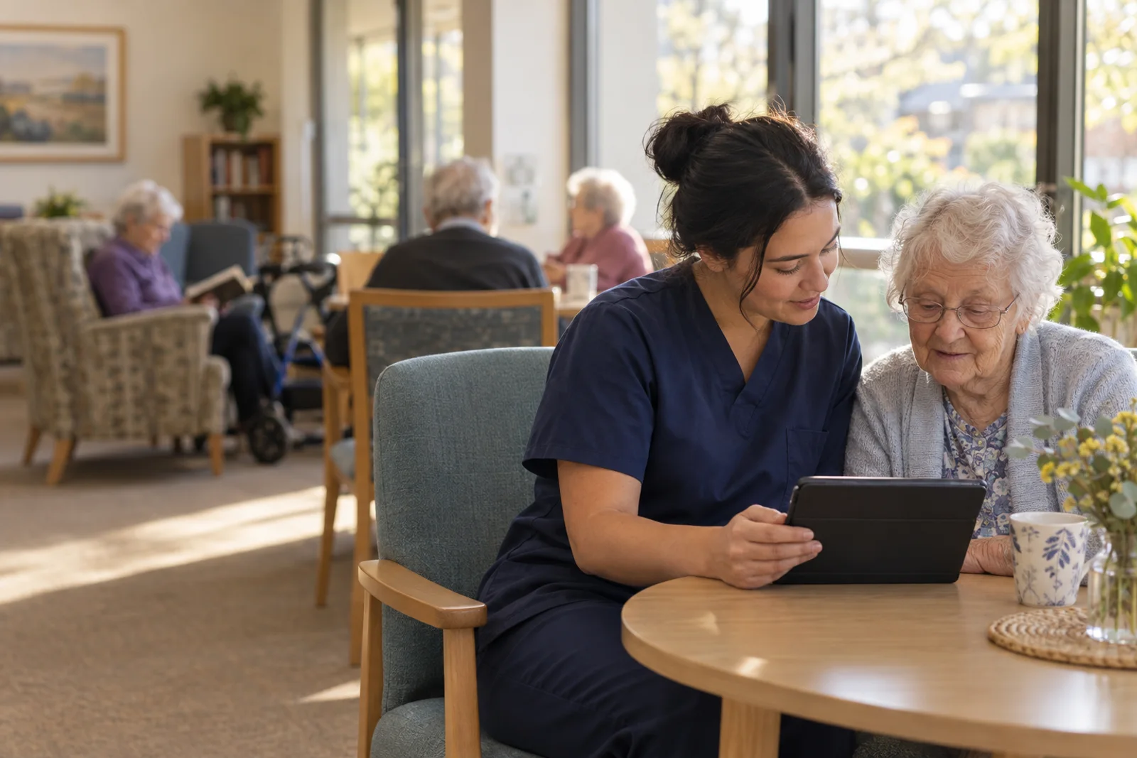 A care worker and an elderly resident looking at a tablet together in an aged care common room.
