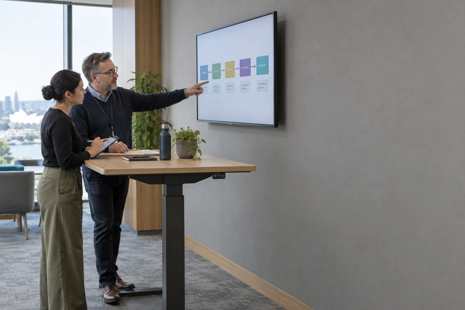 Two analysts at a wall display working through a process flow.