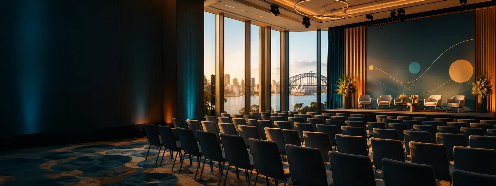 A Sydney conference ballroom prepared for a customer experience leadership event, with seating facing a softly lit stage.
