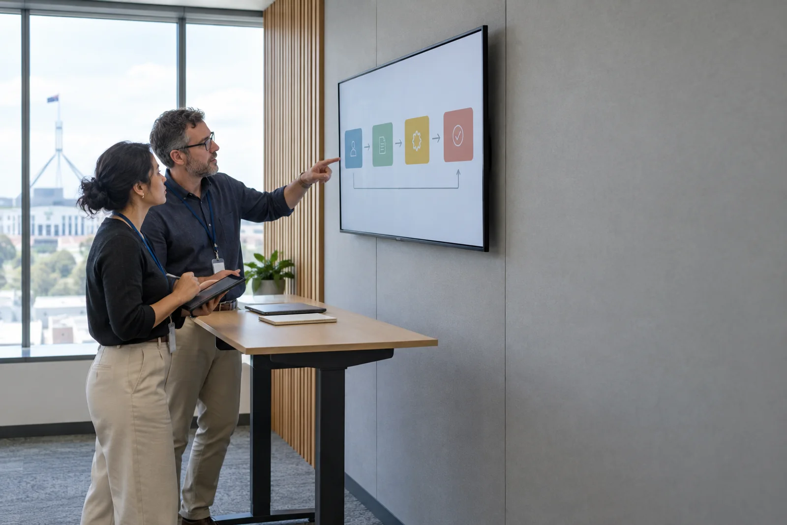 Two analysts at a wall display working through a process flow.
