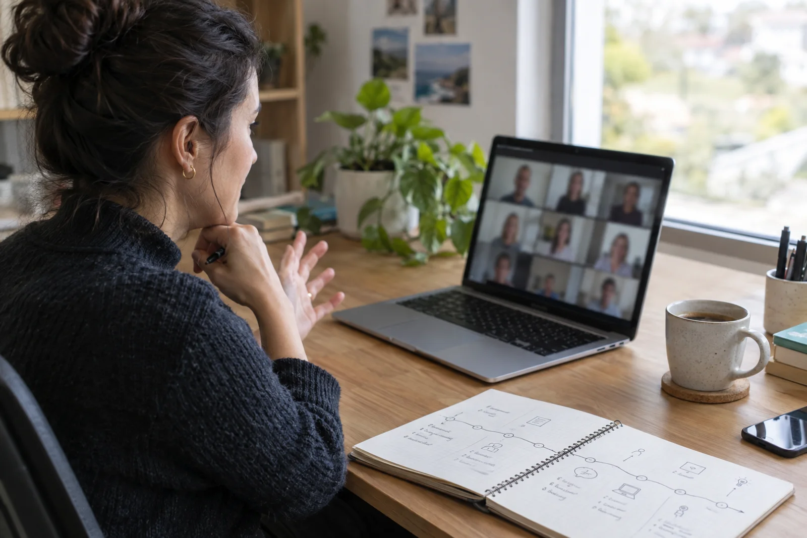 A consultant on a video call at a home office desk, a hand-drawn journey map in a notebook beside the laptop.