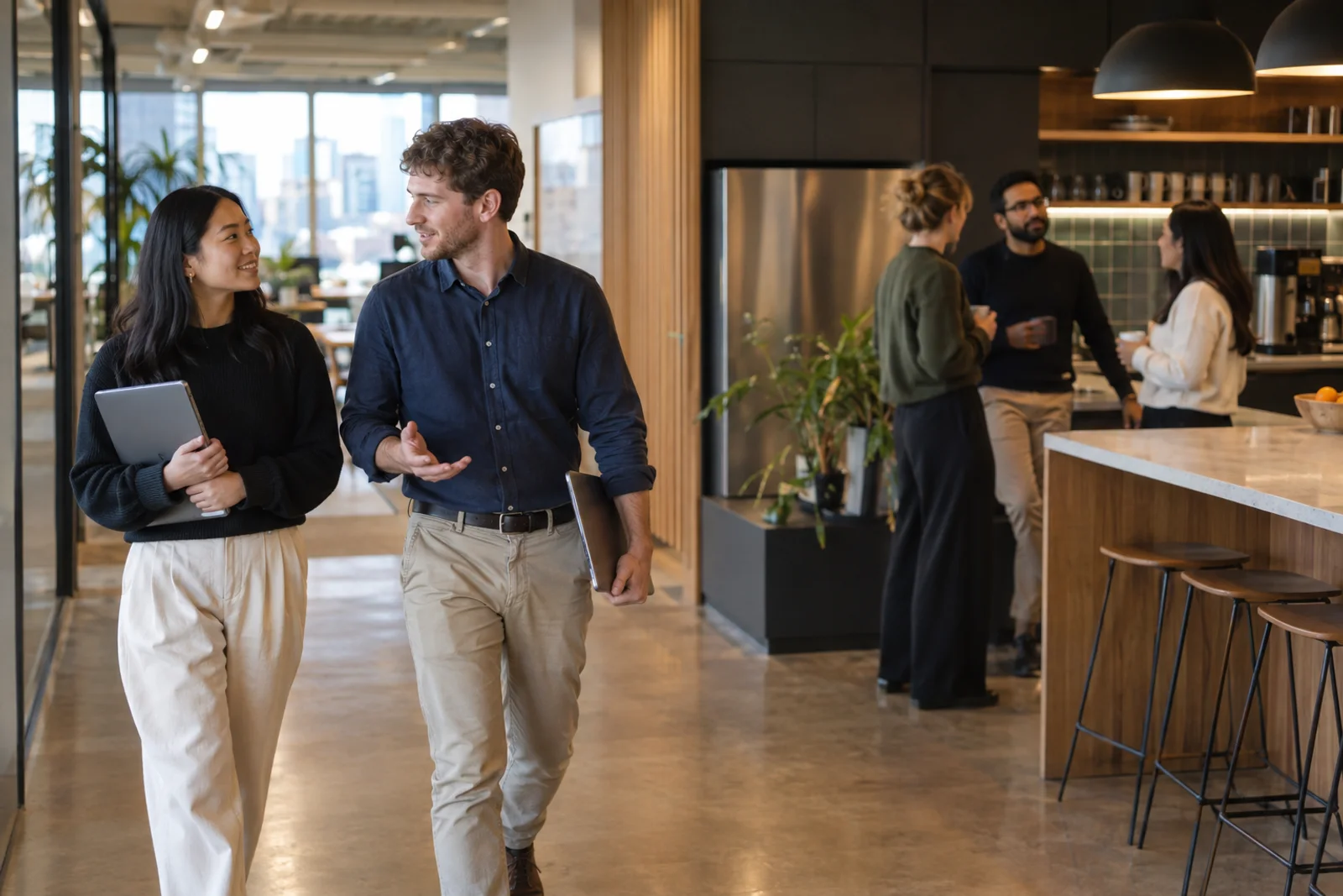 A new consultant being shown around the office by a colleague.