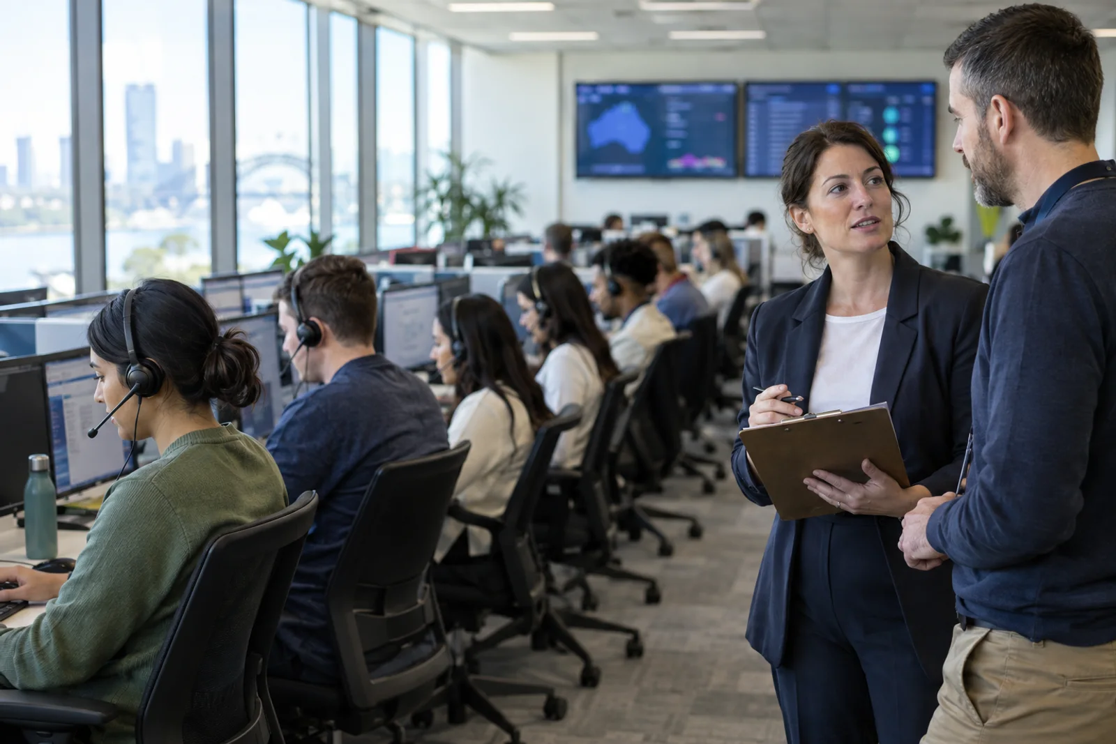A consultant with a clipboard talks with a contact centre manager while agents wearing headsets work at rows of desks overlooking a harbour city skyline.