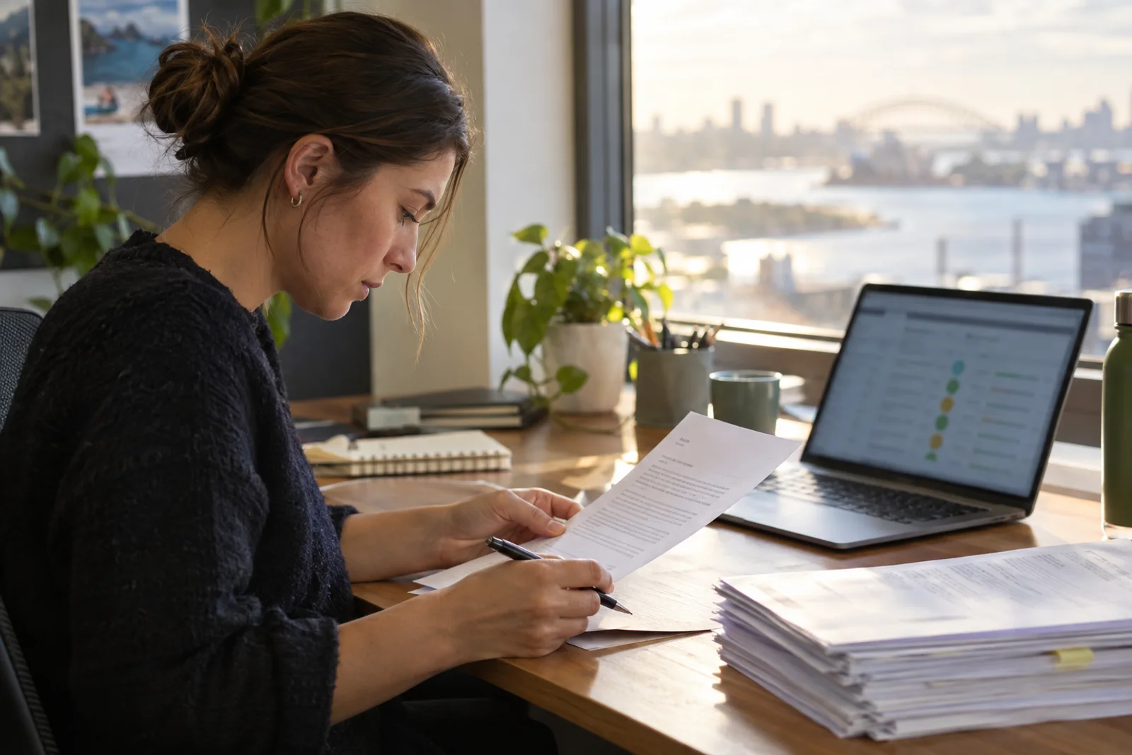 A woman at a desk reviews a printed letter with a pen, beside a laptop showing a dashboard and a tall stack of papers, with a harbour bridge visible through the window.
