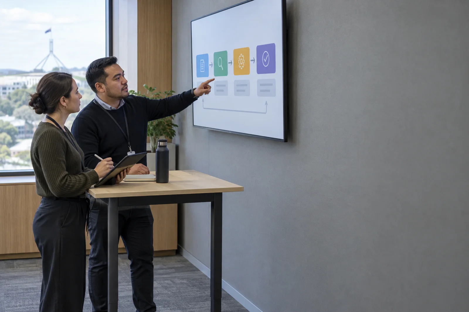 Two analysts pointing at a wall display of a service process.