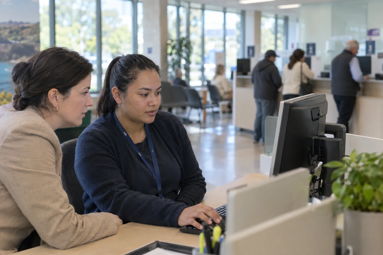 Two women look at a computer monitor at a service counter while customers are served at counters in the background.