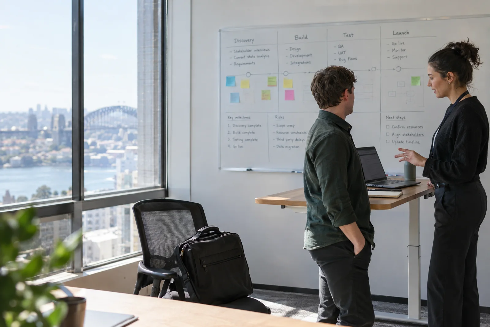A consultant with a laptop and travel bag briefs a colleague beside a whiteboard mapped out with project stages, milestones, risks and next steps.