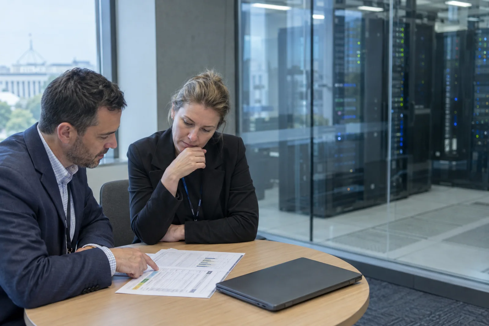 A man and a woman review a printed report with charts at a table beside a glass-walled server room full of illuminated racks.