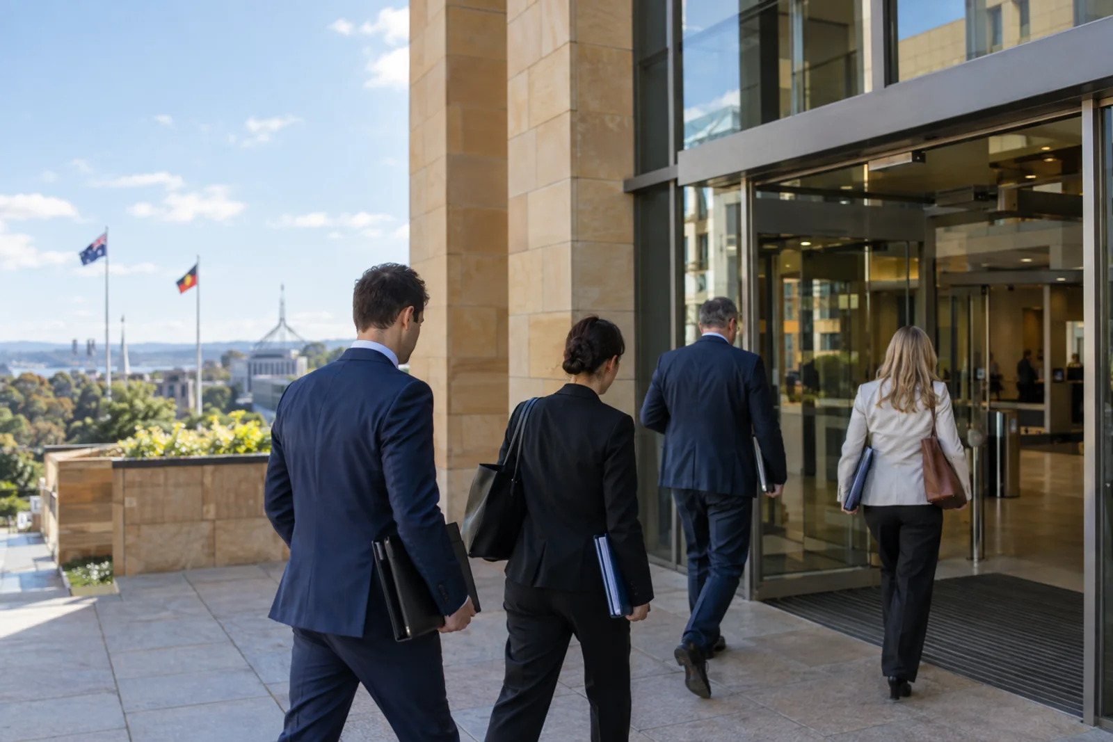 Professionals walking into the sandstone and glass entrance of a state government building.