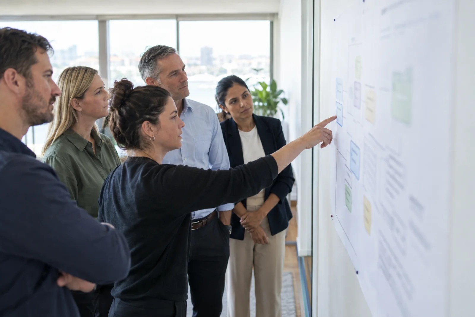 Five colleagues gather around a single-page strategy diagram taped to the wall as one points to a specific box on it.