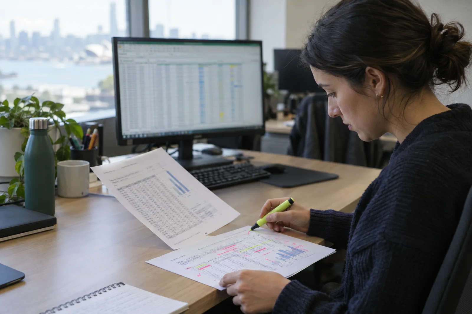 A woman highlights and annotates a printed data table by hand at her desk, with a spreadsheet open on the monitor beside her.