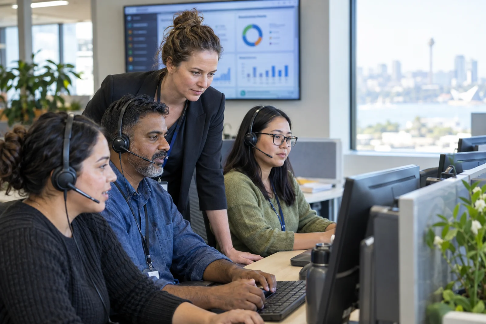 A small contact centre team at a shared desk, with a team leader listening in.