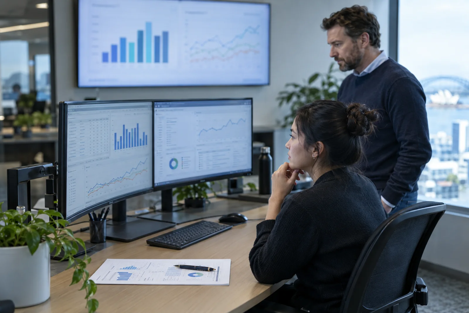 An analyst at a dual-monitor desk with a wall display of charts, a manager reading over their shoulder.