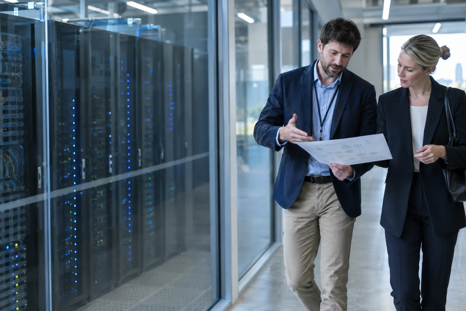 A solution architect and a client with an architecture diagram beside a glass-walled server room.