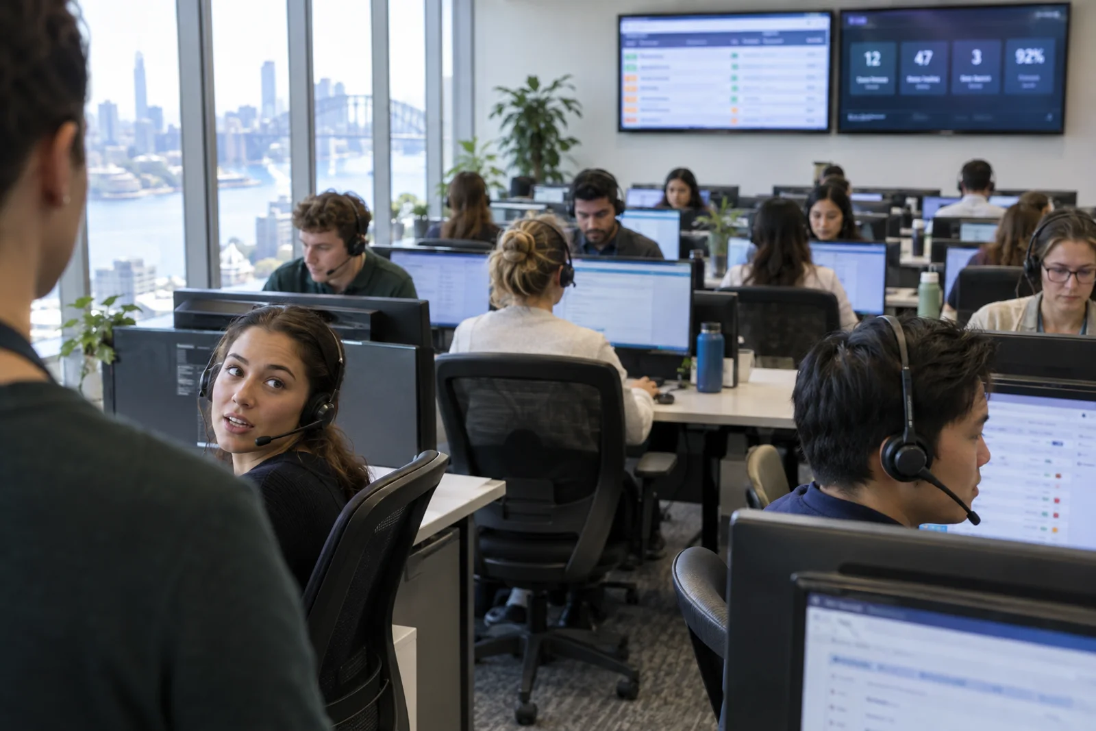A contact centre floor of agents with headsets, one turning to speak to the team leader.