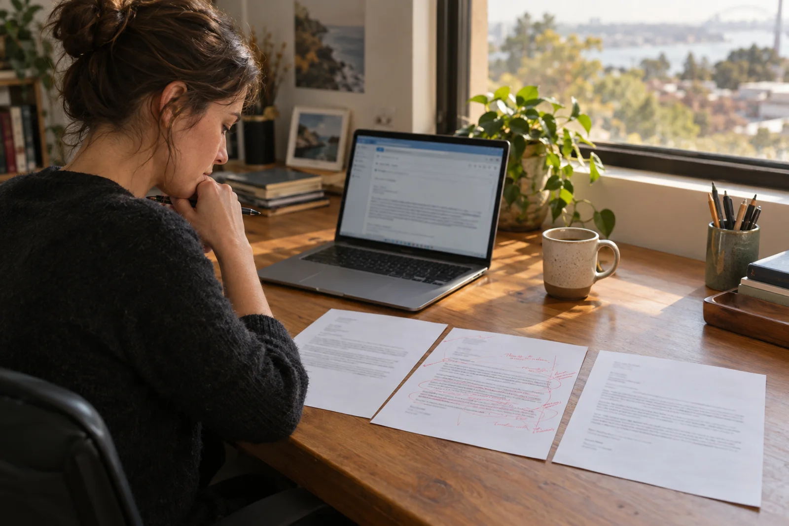 A writer at a desk with three printed customer letters, one marked in red pen.