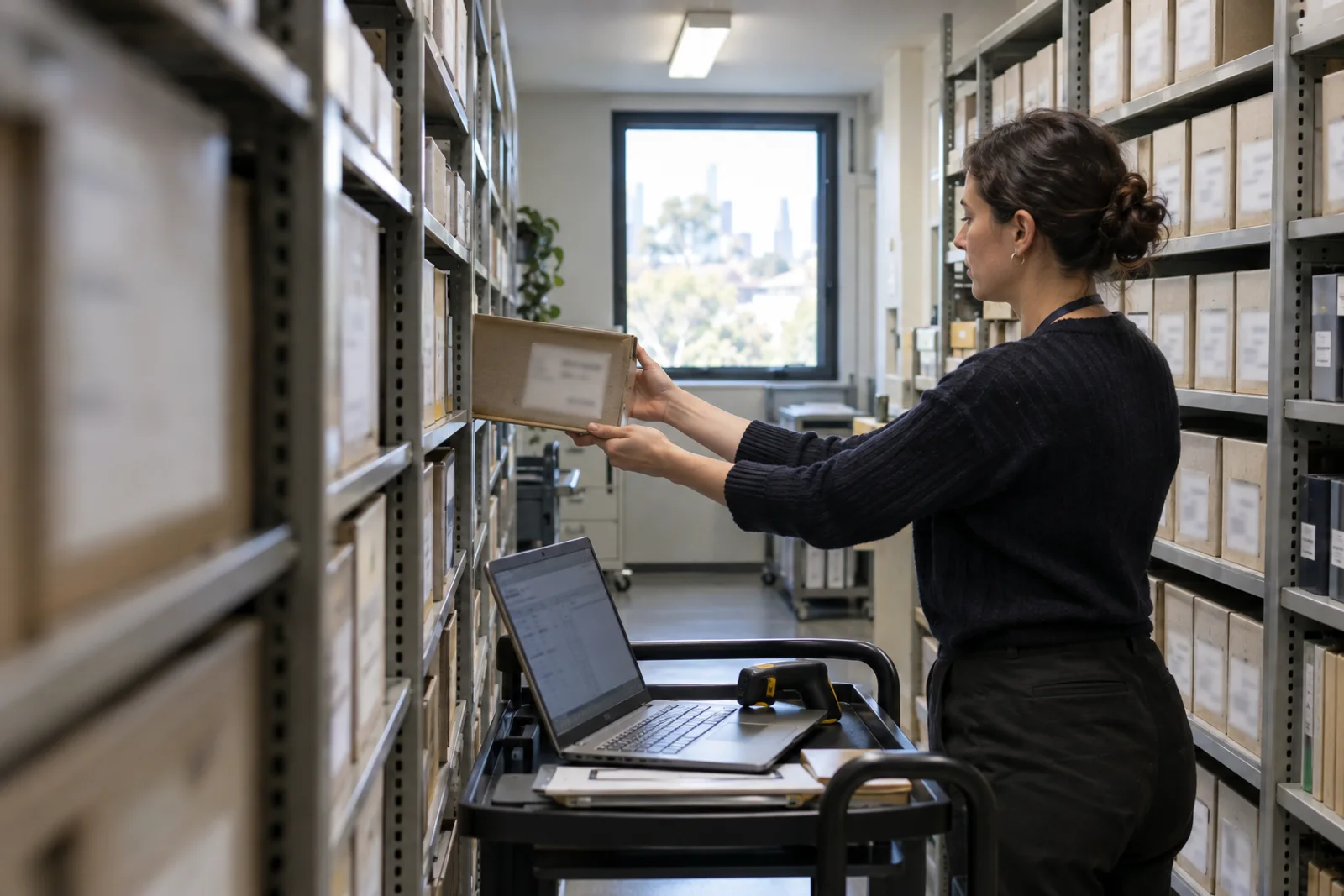 A records specialist pulling a labelled box from an archive shelf.