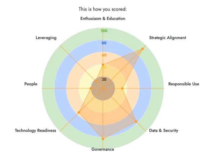 An AI maturity radar chart across strategy, responsible use, data, technology, people and governance.