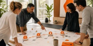 Service leaders reviewing an AI-assisted customer journey with evidence, controls and human decision points.